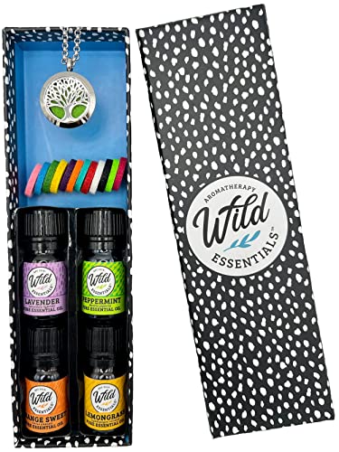 Wild Essentials Tree of Life Necklace Essential Oil Diffuser Kit With Lavender, Lemongrass, Peppermint, Orange Oils, 12 Refill Pads, Calming Aromatherapy Gift Set, Customizable Color Changing, Perfume