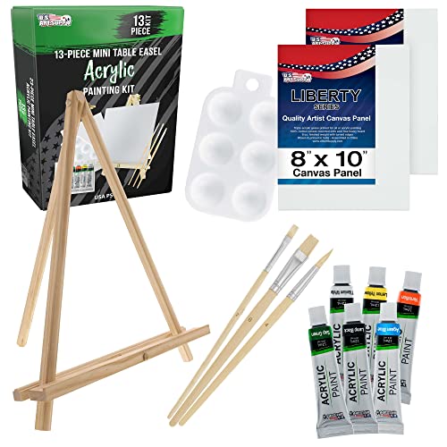 U.S. Art Supply 13-Piece Artist Painting Set with 6 Vivid Acrylic Paint Colors, 12' Easel, 2 Canvas Panels, 3 Brushes, Painting Palette - Fun Children, Kids School, Students, Beginners Starter Art Kit