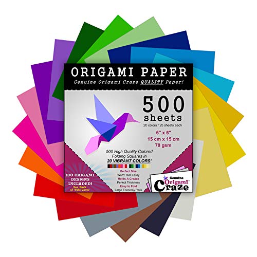 Origami Paper 500 Sheets Premium Quality for Arts and Crafts 6' Square Sheets 20 Vibrant Colours Same Colour on Both Sides 100 Design Ebook Included (See Back of Cover for Download info)