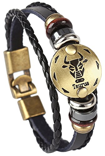 Hamoery Punk Alloy Leather Bracelet Constellation Braided Rope Bracelet Bangle Wristband(Taurus)