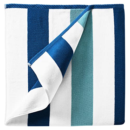 Laguna Beach Textile Co. Striped Cabana Beach Towel - Oversized, Plush 630 GSM Cotton - Marine Blue & Sea Glass Green