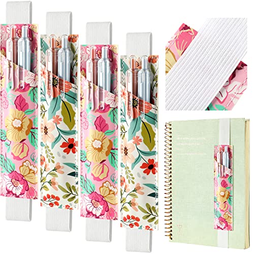 Crtiin 4 Pieces Adjustable Elastic Band Pen Holder, Pencil Holder, Pen Sleeve Pouch for Hardcover Journals, Notebooks for Back to School Christmas Gift, PU Leather 8-1.5 Inch(Floral)