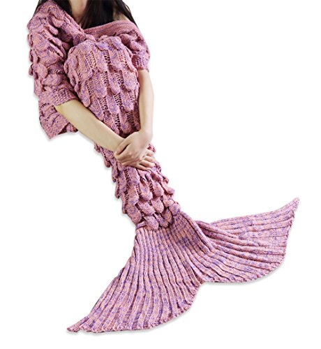 FEESHOW Handcrafted Crochet Knitting Mermaid Tail Living Room Blanket Soft Cozy Sleeping Bag Adult Size, Coral Pink (Size Large, 82' x 32')