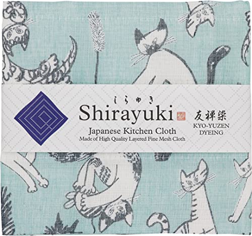 Shirayuki Japanese Kitchen Cloth KYO-YUZEN. Made Layered Fine Mesh Cloth. Dish wipe, table wipe, hand wipe. Made in Japan (Blue, meow meow)