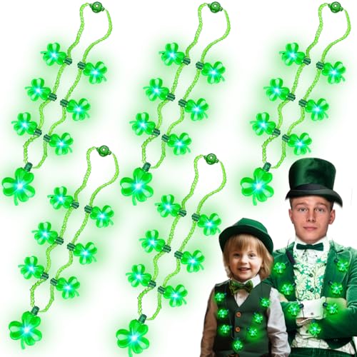 iGeeKid 5 Pack St. Patrick's Light Up Necklace Each 7 Shamrocks Bulb Light LED Green Shamrocks Necklaces St. Patrick's Day Party Favors Accessories