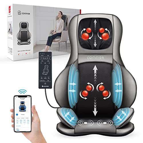 COMFIER Shiatsu Neck Back Massager with Heat and Compression, App Control 2D or 3D Deep Tissue Kneading Massage Chair Pad, Chair Massager for Full Body, Ideal Gifts for Father,Grey