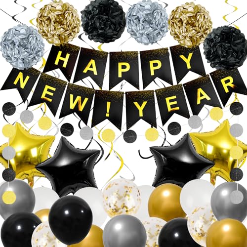 RUBFAC New Years Eve Party Supplies 2024, Happy New Year Banner, Hanging Swirls, Pom Poms for New Year Decorations 2024, New Years Eve Decorations, Happy New Year Decorations 2024