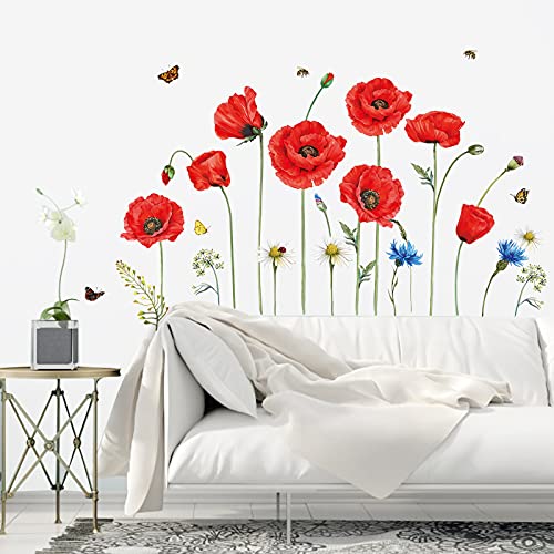 decalmile Red Poppies Wall Stickers Flower Butterfly Wall Decoration Children's Bedroom Living Room Office