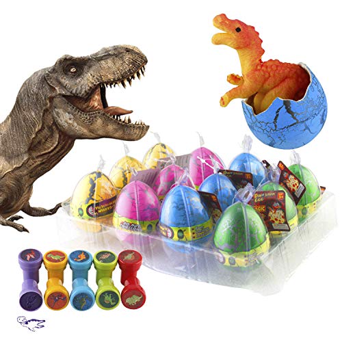 Kictero 12 Pcs Dinosaur Eggs with Bonus10 Pcs Dinosaur Stamps, Crack Easter Dinosaur Eggs That Hatch in Water, Grow Eggs with Dinosaur Figures Inside Toy for Boys/Girls, Birthday Party Favors