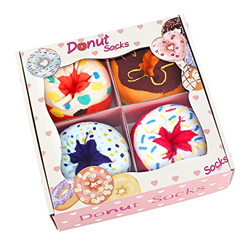 Funny Donut Socks Box -Funny Gifts for Women Ladies Teenage Girls-Fun Novelty Funky Cute Food Silly Cotton Crazy Socks Mothers Day Valentines Christmas Birthday Gifts Stocking Fillers-4 pairs