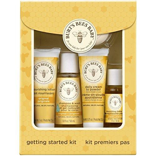 Burt's Bees Baby Getting Started Gift Set, 5 Trial Size Baby Skin Care Products, Lotion, Shampoo & Wash, Daily Cream-to-Powder, Baby Oil and Soap, Yellow