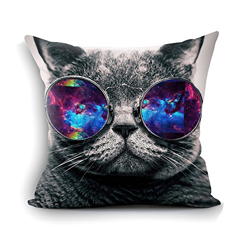 oFloral Galaxy Hipster Cat Theme Throw Pillow Cover Funny Cat Wear Color Sunglasses Rectangle Pillow Case Cushion Cover Standard Size 18'X18'(Two Sides) Gift for Men,Women,Dad,Mom,Sister,Friend