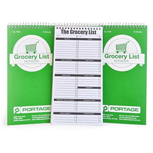Portage Grocery List Notepad – Spiral Top Shopping List Pad with Lined Paper & Checklist for Shopping, 4 x 8 Inches, 140 Pages, 70 Sheets (Pack of 3)