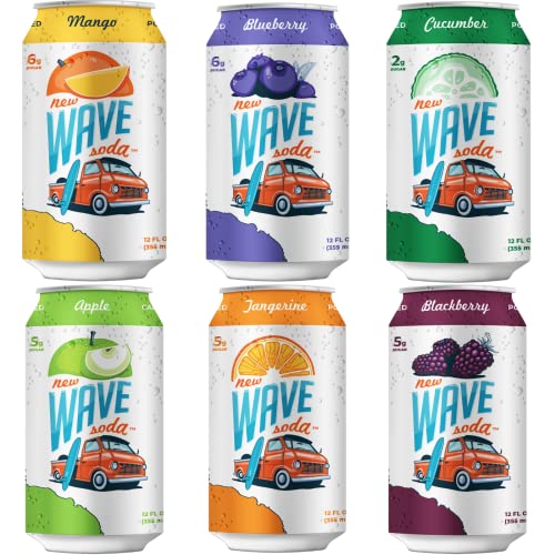 New Wave Sparkling Soda Water Made with Real Fruit Juice, Seltzer, Tonic Water, Vegan, Healthy, Caffeinated, Gluten Free, Low Calorie, No Added Sugar, 24 Pack, 12 oz Cans (6 Flavor Variety)