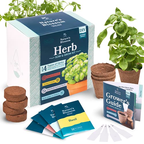 Nature's Blossom Herb Garden Kit - Outdoor & Indoor Seed Starter Kit with Tools, 4 Types of Plant Seeds, Pots and Growing Guide - Gardening Gifts for Women and Men﻿