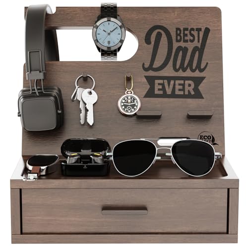 EcoLeafy Dot Best Dad Ever Gifts- Nightstand Organizer for Men- Docking Station for Dad- Personalized Gifts for Men- Phone Organizer Station for Cellphone, Watch, Headphone and Mens Accessories