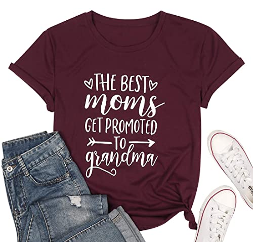 Women Best Moms Shirt Get Promoted to Grandma T Shirt Grandmother Gift Shirt Short Sleeve Casual Tee Top Red