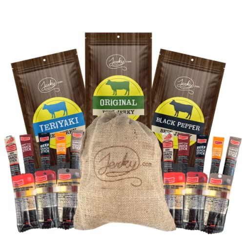 19 Piece Beef Jerky Gift Bag - 3 Flavors of Beef Jerky and 16 Assorted Meat and Cheese Sticks - Unique Gift Basket for Men