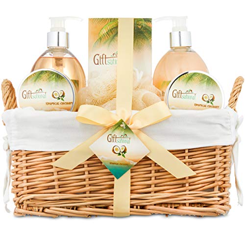 Spa Gift Basket with Tropical Coconut Fragrance in Large Willow Basket, Best Mother's Day Gift, Birthday, or Anniversary Basket for Women, Bath set Includes Shower Gel, Bubble Bath, Bath Bombs & More