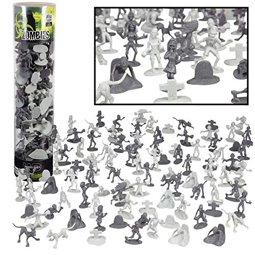 Halloween Zombie Action Figures- Big Bucket of 100 Zombies w 14 Unique Sculpts- Zombies, Pets, Graves & Humans for Playtime, Decoration & Trick or Treating Parties, For Collectors Action Figure Lovers