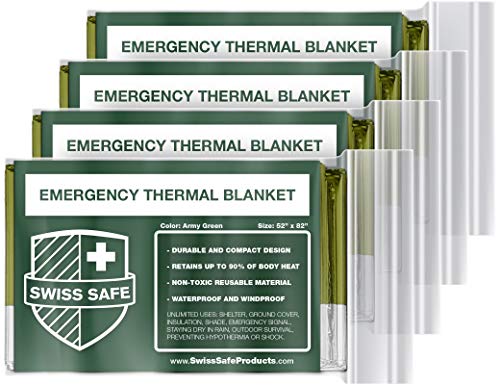 Swiss Safe 4 Pack Mylar Emergency Blankets for Survival - Compact & Insulated for Cold Weather - Designed for NASA, Outdoor, Running, Camping, Survival, First Aid Car Kit - Army Green, 4 Pack