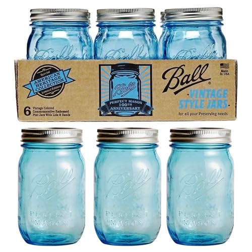 Ball Jar Heritage Collection Pint Jars with Lids and Bands, Blue, Set of 6