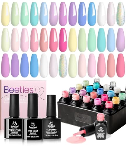 beetles Gel Polish Nail Set 20 Colors Summer Pastel Girly Sparkle Glitter Uv Gel Dreamy Town Collection Macaroon Bright Pastel Nail Manicure Kit with 3Pcs Base Top Coat Gift for Girls