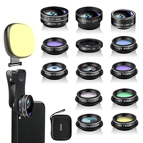 Godefa Phone Camera Lens Kit, 14 in 1 Lenses with Selfie Light for iPhone 14 13 12 11 Xs X Pro Samsung and other Andriod Smartphone, Universal Clip on Wide Angle+Macro+ Fisheye Camera Lenses