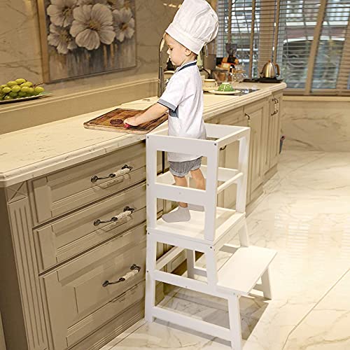 Kitchen Step Stool for Toddlers with Non-Slip Mat, WOOD CITY Wooden Kids Montessori Learning Stool Tower, Toddler Standing Tower Helper for Kitchen Counter and Bathroom Sink(White)