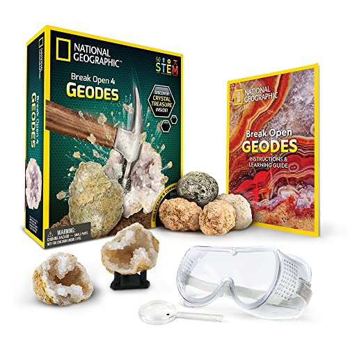 NATIONAL GEOGRAPHIC Break Open 4 Geodes Science Kit – includes Goggles and Display Stand - STEM Science Gift for Boys and Girls, Break Your Own Geodes with Crystals (Amazon Exclusive)