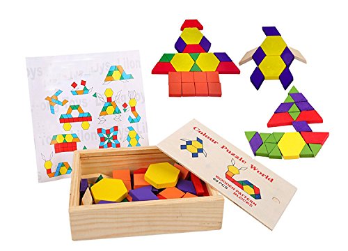 Lewo 60-Pieces Wooden Pattern Blocks Montessori Tangram Puzzle Toys