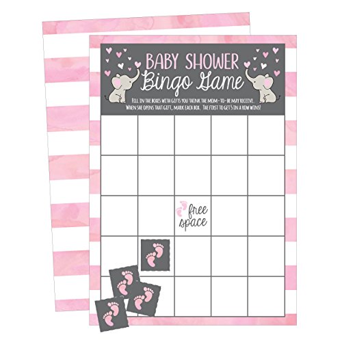 25 Pink Elephant Bingo Game Cards For Girl Baby Shower, Bulk Blank Bingo Squares, PLUS 25 Pack of Baby Feet Game Chips, Funny Baby Party Ideas and Supplies, Cute Animal Woodland Paper Pattern