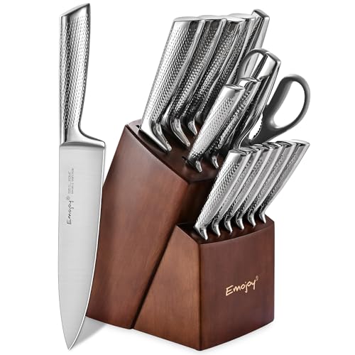 Knife Set, Emojoy 16-Piece Kitchen Knife Set with Block Wooden Carving Fork, Ripple German Stainless Steel Knife Block Set, Hollow Handle for Chef Knife Set with Sharpener and Scissors