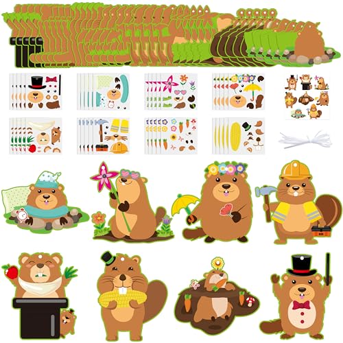 3sscha 40 Packs Groundhog Craft Kit for Kids - Make Your Own Groundhog Card DIY Cute Animal Self-Adhesive Sticker Handmade Art Project Decoration Classroom Home Activity Gift Party Favor
