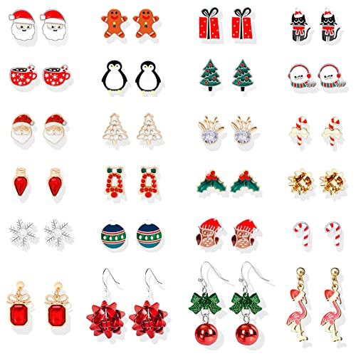 24 Pairs Christmas Earrings Set for Women Tree Snowflake Gift Box Snowman Stocking Santa Claus Elk Stud Earrings Flamingo Penguin Dangle Drop Earrings for Teens Girls Cute Christmas Holiday Earrings