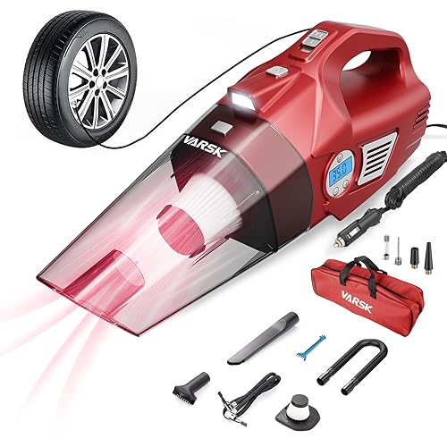 VARSK Car Vacuum Cleaner Portable Tire Inflator, 4-in-1 High Power Handheld Car Vacuum & Air Compressor with LED Light and Digital Tire Pressure Gauge LCD Display, 12V DC, 15FT Cord, Car Gifts