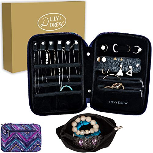 Lily & Drew Travel Jewelry Storage Carrying Case Jewelry Organizer with Removable Pouch, in Gift Box (V1B Aztec Zigzag)