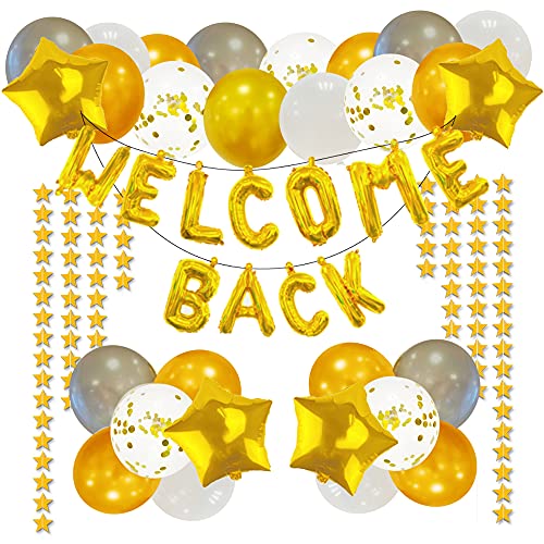 66 Pieces Welcome Back Balloon Banner Decorations Kit with Gold Welcome Back and Star Banner Gold Silver Confetti Glitter Balloons Star Shape Balloons for School Classroom, Wedding, Home Party Decors