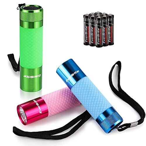 EverBrite 3-Pack Mini Flashlights, Glow in Dark Flashlights, Aluminum LED Flashlights Party Favors Assorted Colors for Camping, Hiking, Indoor, 9XAAA Batteries Included