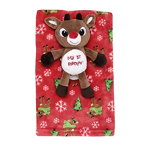 2-Piece Cuddle Toy Plush Rattle and Flannel Baby Blanket Gift Set (My First Rudolph, 30'x36')