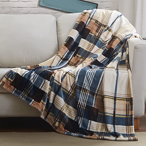 Tache Winter Cabin Blue Tan Farmhouse Super Soft Micro Fleece Tartan Plaid Plush Lightweight Dual-Sided Decorative Couch, Sofa, Travel, Lap, Bed Throw Blanket, 50x60