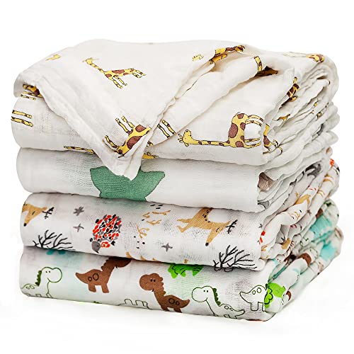 upsimples Baby Swaddle Blanket Unisex Swaddle Wrap Soft Silky Muslin Swaddle Blankets Neutral Receiving Blanket for Boys and Girls, 47 x 47 inches, Set of 4 - Fox/Elephant/Giraffe/Dinosaur