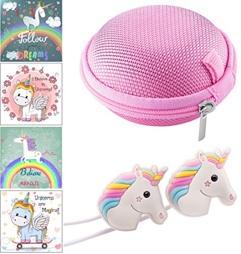 Cute Rainbow Unicorn Headphones/Earphones with Pink Carry Case & 12 pc Unicorn Sticker Gift Set for Kids, Tweens, & Teens Girls Birthday Gift