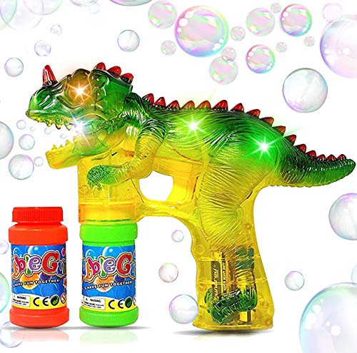 Haktoys Dinosaur Bubble Gun: Battery Operated Bubble Maker Toys for Toddlers Boys and Kids | Batteries and Refill Bottles Included