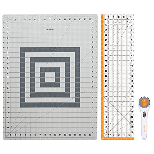 Fiskars Rotary Cutter 3-Piece Set - 45mm Stick Rotary Cutter for Fabric, Cutting Mat, and Sewing Ruler - Craft Supplies - Gray