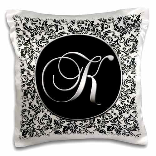 3dRose pc_38760_1 Letter K-Black and White Damask-Pillow Case, 16 by 16'