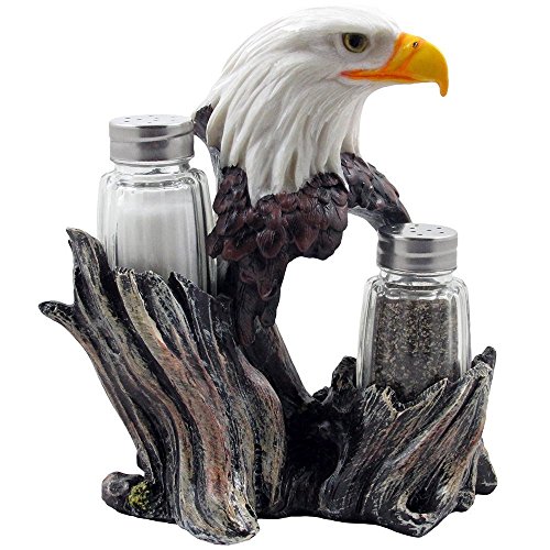 Bald Eagle Glass Salt & Pepper Shakers with Decorative Figurine Display Stand Set for American Patriotic Bar and Kitchen Decor Sculptures or Rustic Lodge Restaurant Tabletop Decorations and Wildlife
