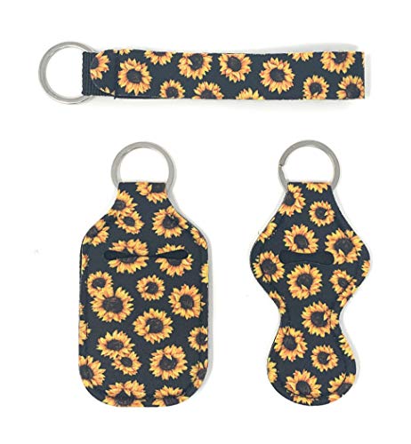 Keychain Set for Women, Wrist Lanyard, Hand Sanitizer Holder Key Chain, Fashion Accessory (Black Sunflower 3 piece)