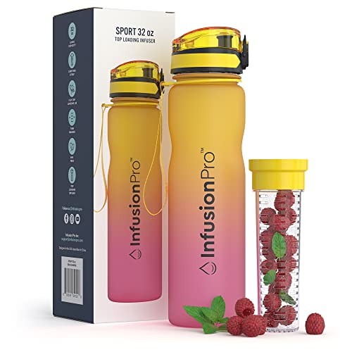 Infusion Pro 32 oz Fruit Infuser Water Bottle with Time Marker - Flip Top Locking Lid, Insulated Sleeve & 50 Recipe Fruit Infusion Water eBook : Leak Proof : for Gym, Sports, Travel : Unique Gift Idea