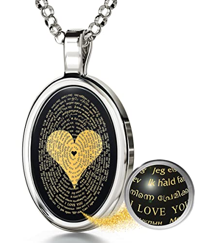 Love Necklace I Love You Pendant inscribed in 120 languages in Pure Gold on Onyx Romantic Christmas Jewelry for Wife 925 Sterling Silver Birthday Gemstone for Women, 18' Chain